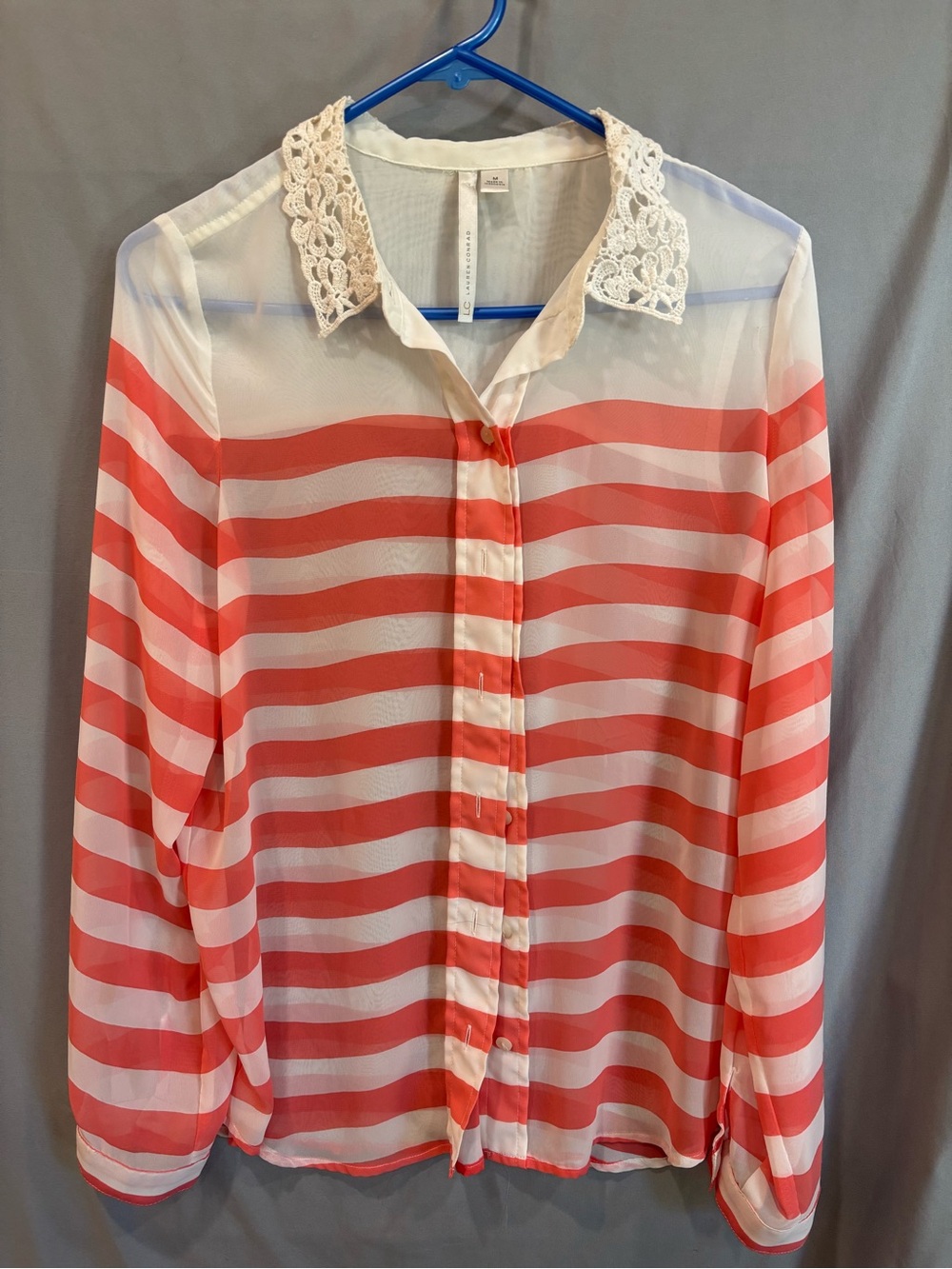 LC Lauren Conrad Coral and White Striped Sheer Button-Down with Lace Collar